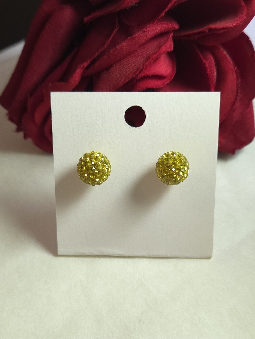 Yellow Crystal Disco Ball Sterling Silver Stud Earrings Marked 925